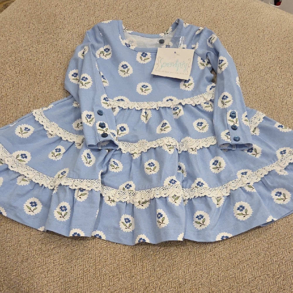 Seersucker Blue Floral Lace-Trim Kids Casual Dress